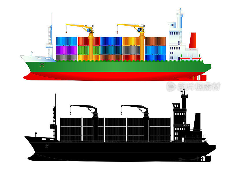 Сontainer ship and silhouette, isolated, vector